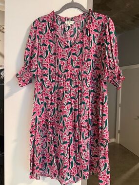 Umgee Pink & Green Floral Tie-Neck Tiered Mini Dress